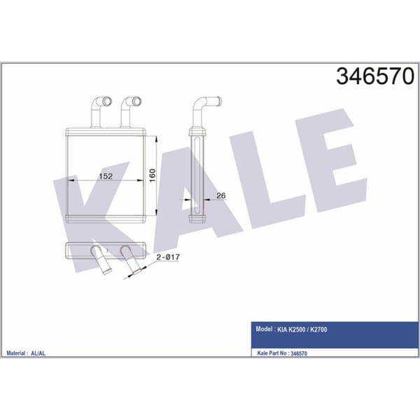 KALE OTO Radyatör 346570 Kalorifer Rdayatöru Brazıng Kia Bongo 170X165X26 