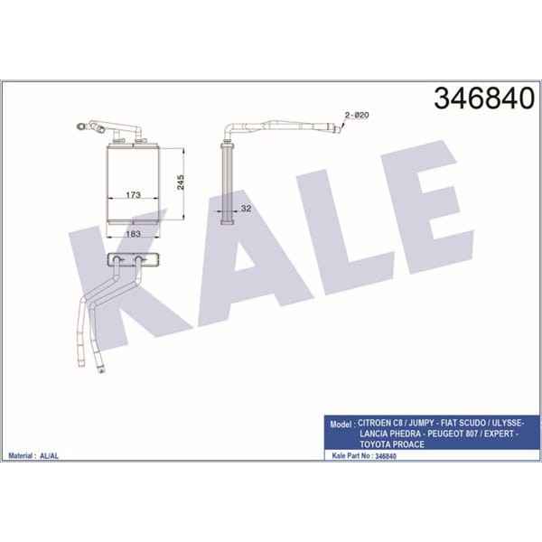 KALE OTO Radyatör 346840 Kalorifer Radyatörü Ulysse 02- Scudo 07- / 807 02- Expert II 07- / C8 02- J