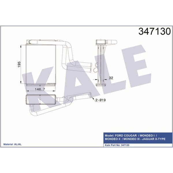 KALE OTO Radyatör 347130 Kalorifer Radyatörü Mondeo 92-06 Cougar 98- / X-Type 01- Brazıng