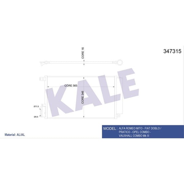 KALE OTO Radyatör 347315 Klima Radyatörü Doblo 1.4 10- Opel Combo 12- Alfa Romeo Mıto 1.4 11- 