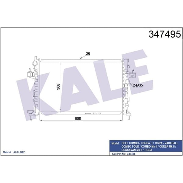 KALE OTO Radyatör 347495 Su Radyatörü Corsa C Combo Tigra 1.3 Cdtı 1.7 Cdtı Vauxhall Combo Tour Comb 