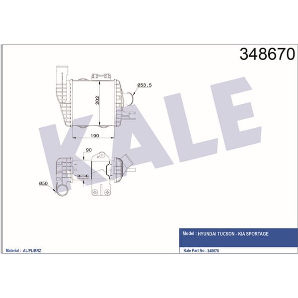 KALE OTO Radyatör 348670 Intercooler Radyatör Sportage Tucson 2.0 CRDI 06- 28271-27250 