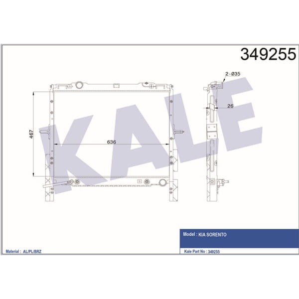KALE OTO Radyatör 349255 Radyatör Otomatik Sorento 2.5 CRDI 02- 25310-3E300 