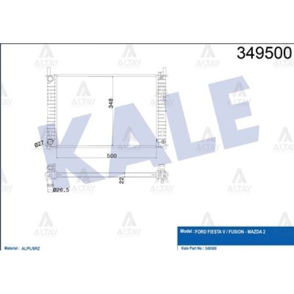 KALE OTO Radyatör 349500 Radyatör Fiesta Fusion 1.4TDCI 02-06 500X354X20 Al-Pl-Brz