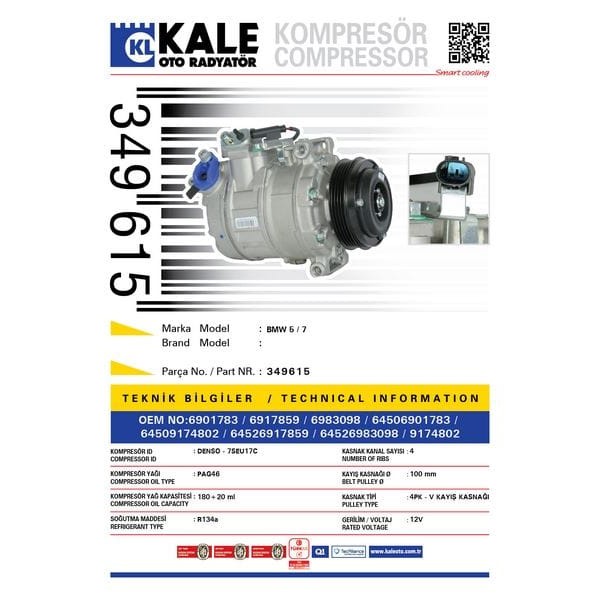 KALE OTO Radyatör 349615 Klima Kompresörü Bmw 5 (E60) 520İ-525İ-530İ-525D (03-10) 7 (E65) 730İ-730D 