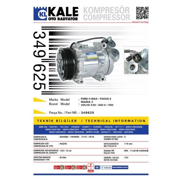 KALE OTO Radyatör 349625 Klima Kompresörü Focus II 1.6 TDCI 04- Cmax 1.6 TDCI 07- V50 1.6D-2.0D-2.4 