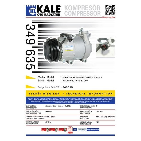 KALE OTO Radyatör 349635 Klima Kompresörü Focus (06-12)C-Max (07-10) 110Mm
