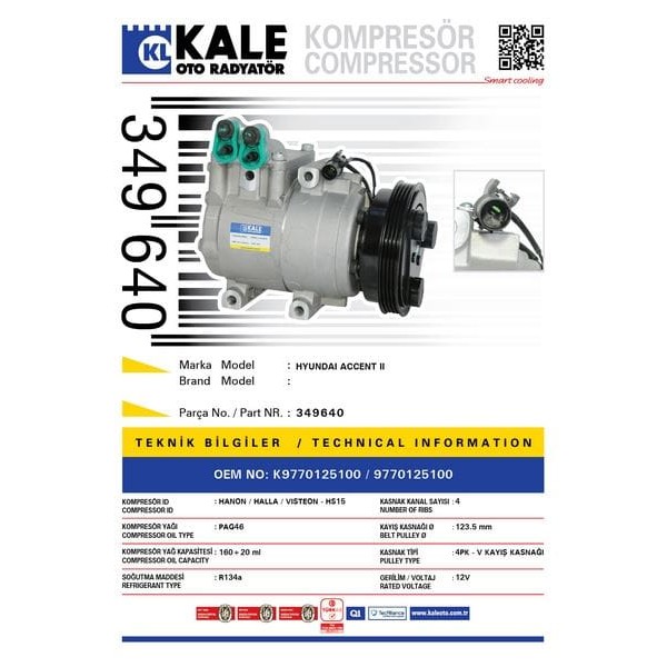 KALE OTO Radyatör 349640 Klima Kompresörü Accent II-1.5-1.6 