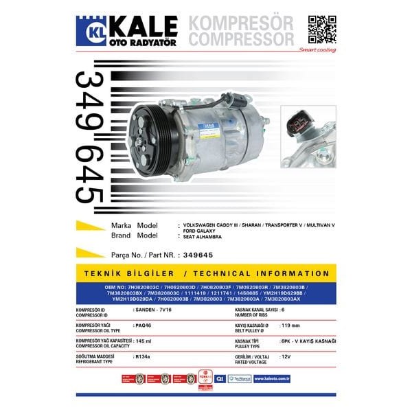 KALE OTO Radyatör 349645 Klima Kompresörü Caddy (05-10)Galaxy (00-06)1.9TDI 