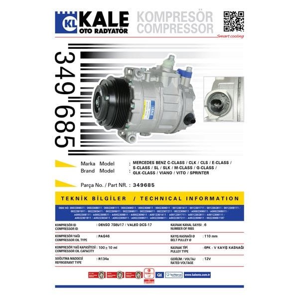 KALE OTO Radyatör 349685 Klima Kompresörü Sprinter 09- C Seri (W203-S203-Cl203) C180-C200-C240