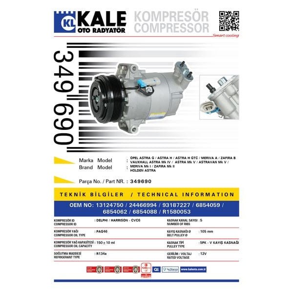 KALE OTO Radyatör 349690 Klima Kompresörü Astra G 1.6- 1.6 (00-09) Astra H 1.6-1.6 T-1.8 04- Merıva