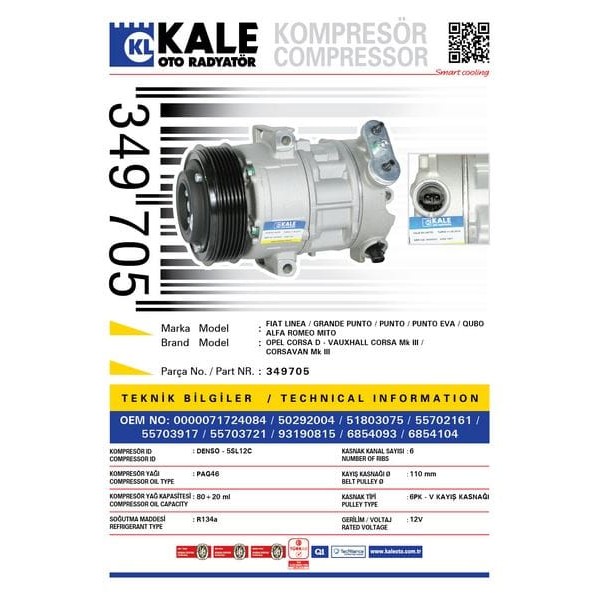 KALE OTO Radyatör 349705 Klima Kompresörü Corsa D 1.3 Cdtı-1.7 Cdtı 06-Agila 1.3 Cdtı 08-Merıva 1.3