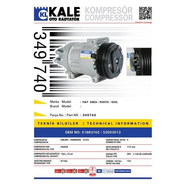 KALE OTO Radyatör 349740 Klima Kompresürü Punto-Egea 16-500L 