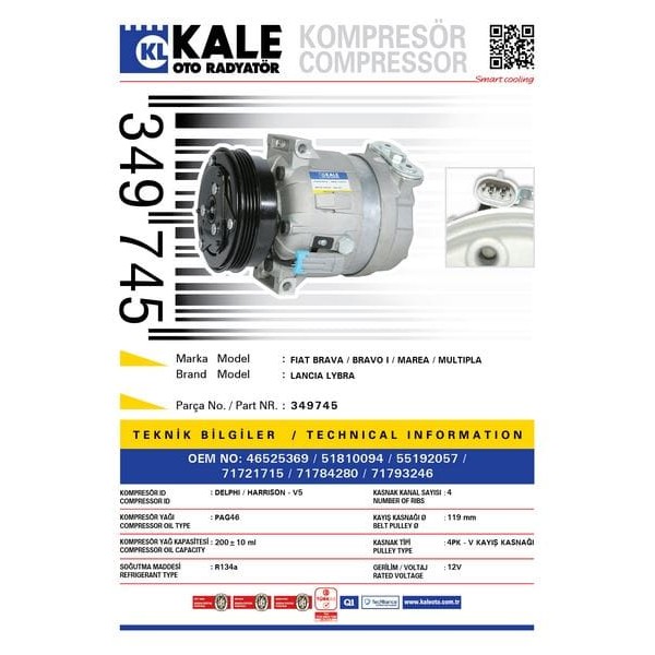 KALE OTO Radyatör 349745 Klima Kompresörü Multıpla (99-10)Lybra (99-05)