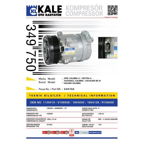 KALE OTO Radyatör 349750 Klima Kompresörü Vectra A 2.0 (88-95)-Calıbra A 2.0 (90-97) (124Mm)