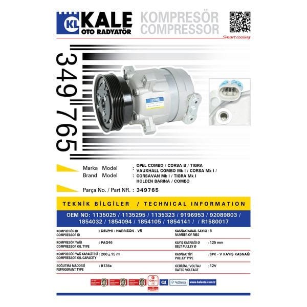 KALE OTO Radyatör 349765 Klima Kompresörü Corsa B 1.2İ-1.4İ-1.6İ1.5D-Td-1.7D (93-00)-Combo 1.2-1.4-1