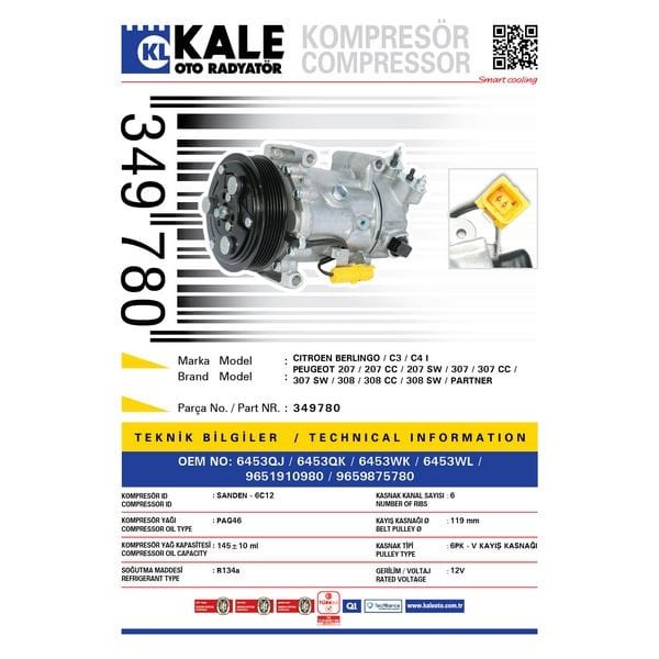KALE OTO Radyatör 349780 Klima Kompresörü P207-C3 1.4-1.6-P307-C4 1.4-1.6-2.0-P308 1.6-2.0-Partner T