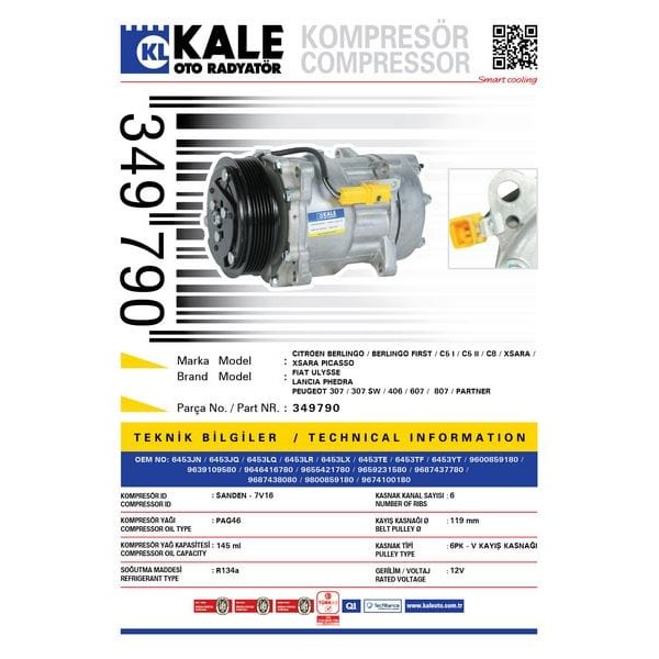 KALE OTO Radyatör 349790 Klima Kompresörü P307-P607-P807-Partner-Berlingo-C8-C5-Xsara