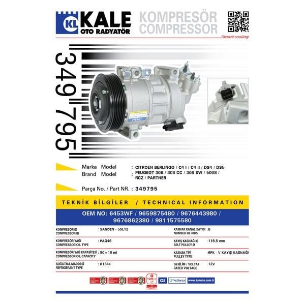 KALE OTO Radyatör 349795 Klima Kompresörü P308-P5008-P3008-Rcz-Partner-Berlingo-C4-Ds4-Ds5 