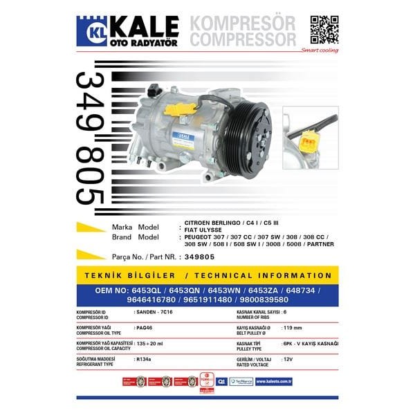 KALE OTO Radyatör 349805 Klima Kompresörü P307-P607-P807-Partner-Berlingo-C8-C5-Xsara