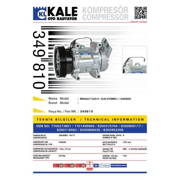 KALE OTO Radyatör 349810 Klima Kompresörü CLIO II 1.4-1.6 16V-1.5 DCI 01- Kng 1.4-1.6 16V-1.5 DCI 97