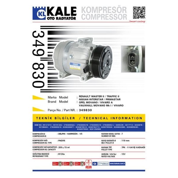 KALE OTO Radyatör 349830 Klima Kompresörü Master II 2.5 DCI 01- (119Mm)