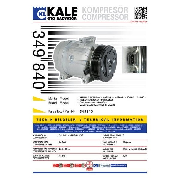 KALE OTO Radyatör 349840 Klima Kompresör Megane-Scenic (99-03)Trafic II-Master II