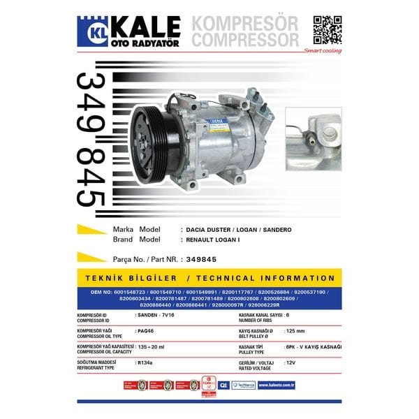 KALE OTO Radyatör 349845 Klima Kompresörü Dacia Logan 1.4-1.6-1.5Dci 05- Sandero 1.4 08- Duster 1.6-