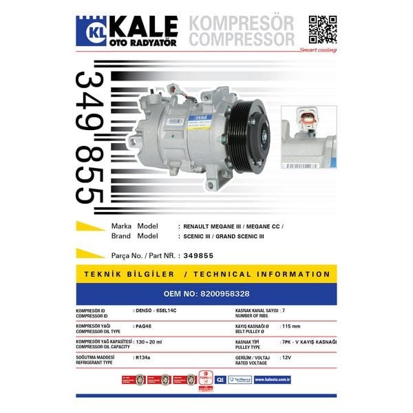 KALE OTO Radyatör 349855 Klima Kompresörü Megane III-Scenic III 1.4Tce-2.0Dci 09-