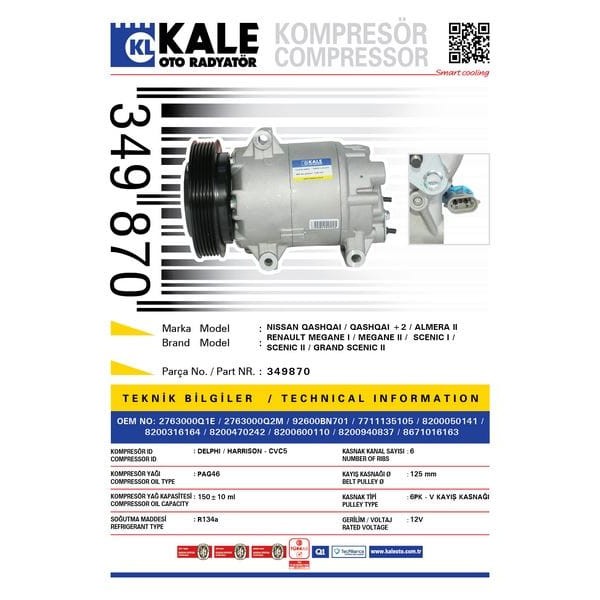 KALE OTO Radyatör 349870 Klima Kompresörü Megane II-Scenic II 1.4-1.6-1.5 DCI 03- (124Mm) 