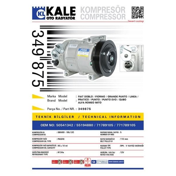 KALE OTO Radyatör 349875 Klima Kompresörü Doblo 10-Punto Evo-Mıto 11- 