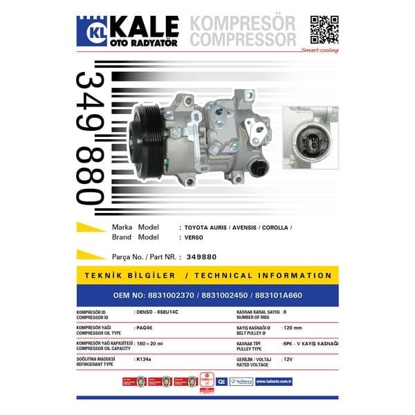 KALE OTO Radyatör 349880 Klima Kompresörü Avensis 1.6 09-Corolla 1.6 07- (119Mm) 