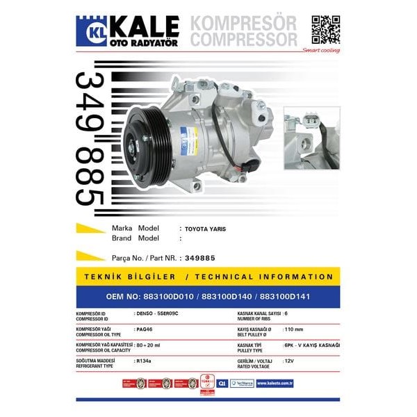 KALE OTO Radyatör 349885 Klima Kompresörü Yaris (99-05)1.3
