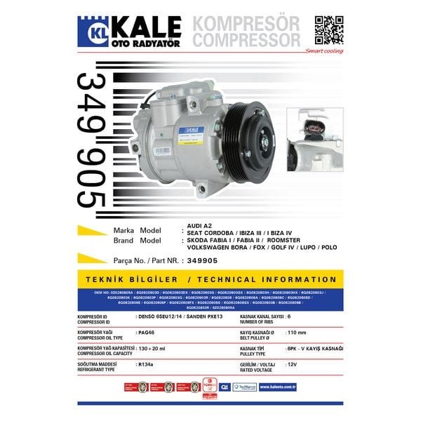 KALE OTO Radyatör 349905 Klima Kompresörü A2 1.4-1.2TDI-1.4TDI (00-05) Cordoba 1.2 12V-1.4 16V-1.6-1