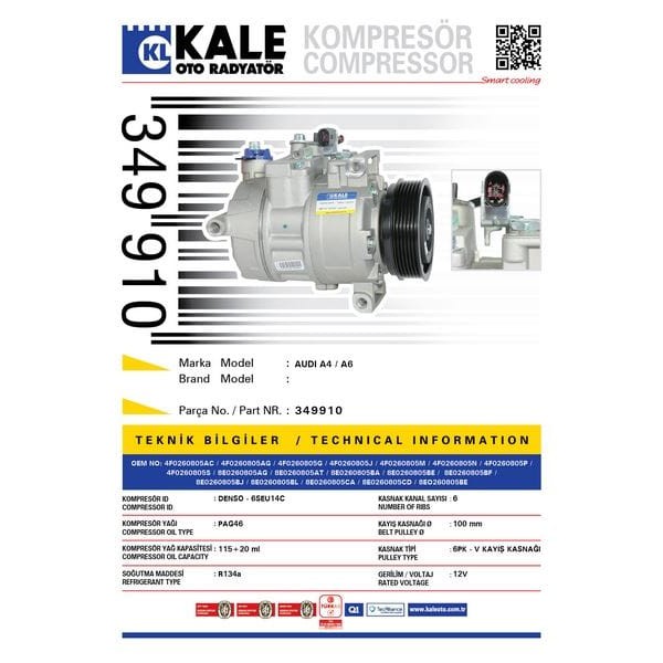 KALE OTO Radyatör 349910 Klima Kompresörü A4 1.6-1.8-2.0-1.9TDI-2.7TDI-3.0TDI(00-09)-A6 2.0TDI-2.7TD