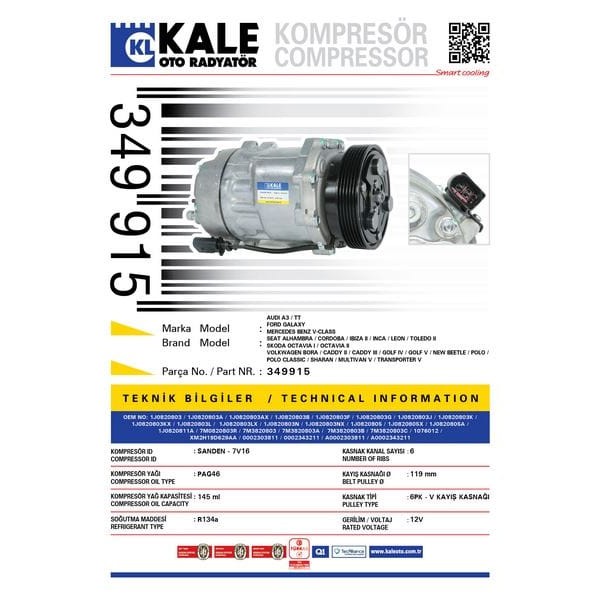 KALE OTO Radyatör 349915 Klima Kompresörü A3 1.6-1.8 T 1.9 TDI (96-03)Ibiza III 1.4-1.6-1.8T (99-02) 