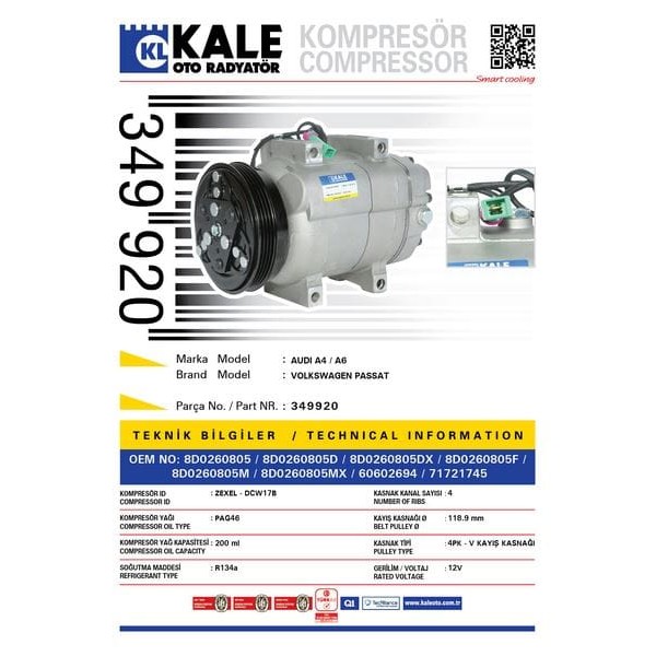 KALE OTO Radyatör 349920 Klima Kompresörü A4 1.8-1.8T-1.9TDI (94-01) A6 1.8-1.8T-1.9TDI (96-05) Pass