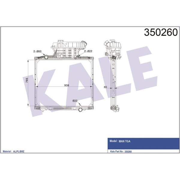 KALE OTO Radyatör 350260 Radyatör Al/Brz Man Tga Çerçeveli Mt 765×938×40 