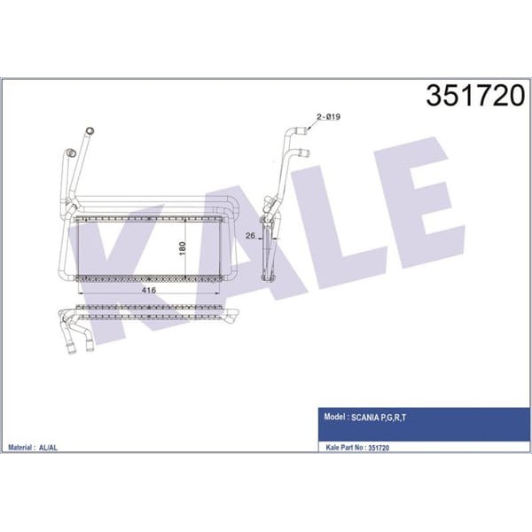 KALE OTO Radyatör 351720 Kalorifer Al/Brz Scania P.G.R.T 416.5×154×26
