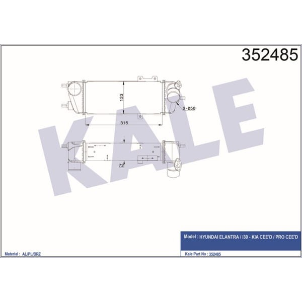 KALE OTO Radyatör 352485 Turbo Radyatörü Intercooler Hyundai Elantra/I30 1.6-2.0 CRDI 07- 