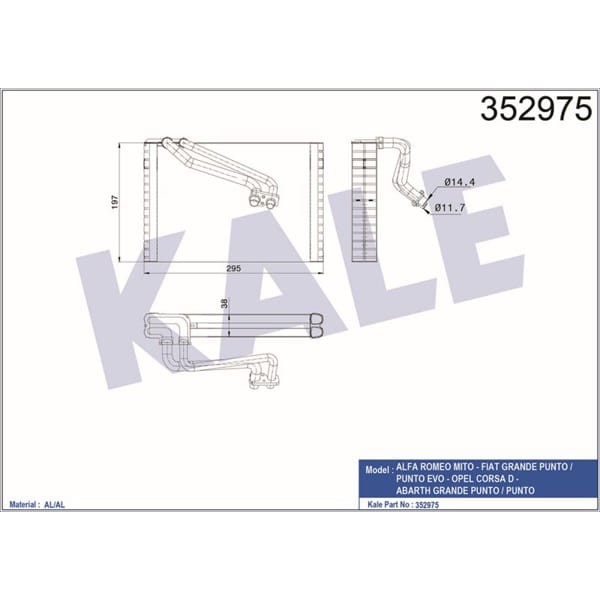 KALE OTO Radyatör 352975 Evaporatör (250×194×38) Alfa Romeo Mıto Grande Punto Corsa D 1.2 1.3 1.4 1.