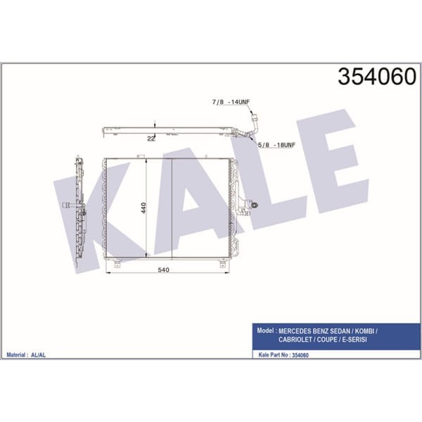 KALE OTO Radyatör 354060 Klima Radyatörü 540×440×25 Benz Sedan W124 84- Kombı T-Model S124 86-93 Cab