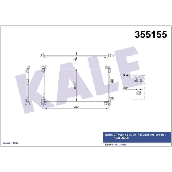 KALE OTO Radyatör 355155 Kondenser Brazıng Al/Al Citroen C5 III-C6-Peugeot 508 I-508 Sw I Kondenser