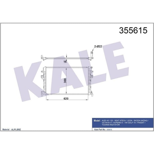 KALE OTO Radyatör 355615 Radyatör Audi A3 Seat Leon VW Golf Vıı 