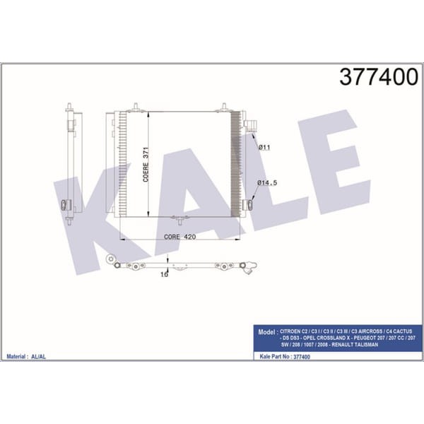 KALE Radyatör 358440 Klima Radyatörü (Peugeot: 207 06- -208 12- -P1007 05- -C2-C3-C3 II-Ds3 1.4-1.6 