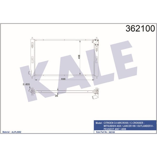 KALE OTO Radyatör 362100 Radyatör 4007-P4008 C4 Aircross-C Crosser Al Pl Brz 698X408X26