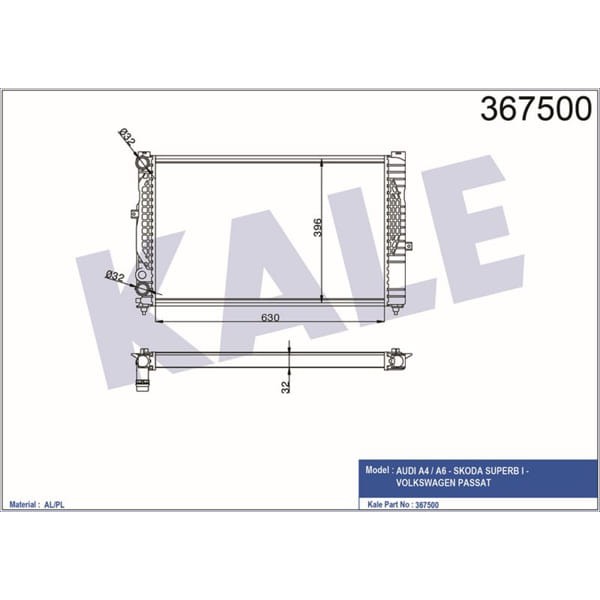 KALE OTO Radyatör 367500 Su Radyatörü Passat B5 97- 1.6I 1.8I 1.8T 1.9 TDI 2.0I Mt Ac / A4 96- 1.6I