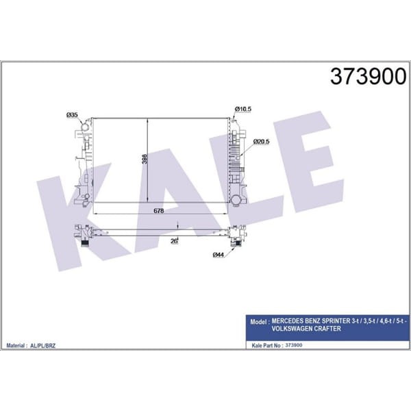 KALE OTO Radyatör 373900 Su Radyatörü Crafter 06- 2.0 TDI 2.5 TDI / Sprinter 06- W906 680X412X32