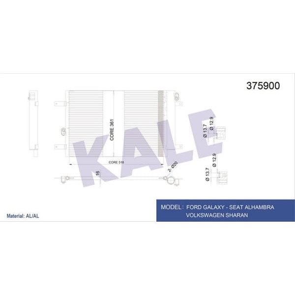 KALE OTO Radyatör 375900 Klima Radyatörü Ford Galaxy Seat Alhambra Sharan Al Al 538X361X16
