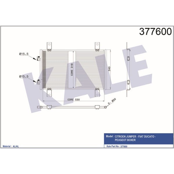 KALE OTO Radyatör 377600 Klima Radyatörü Ducato 02- / Boxer 02- / Jumper 02- Al/Al 537X340X16 